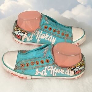 Ed Hardy Blue Sneakers with Tiger Art Size 8